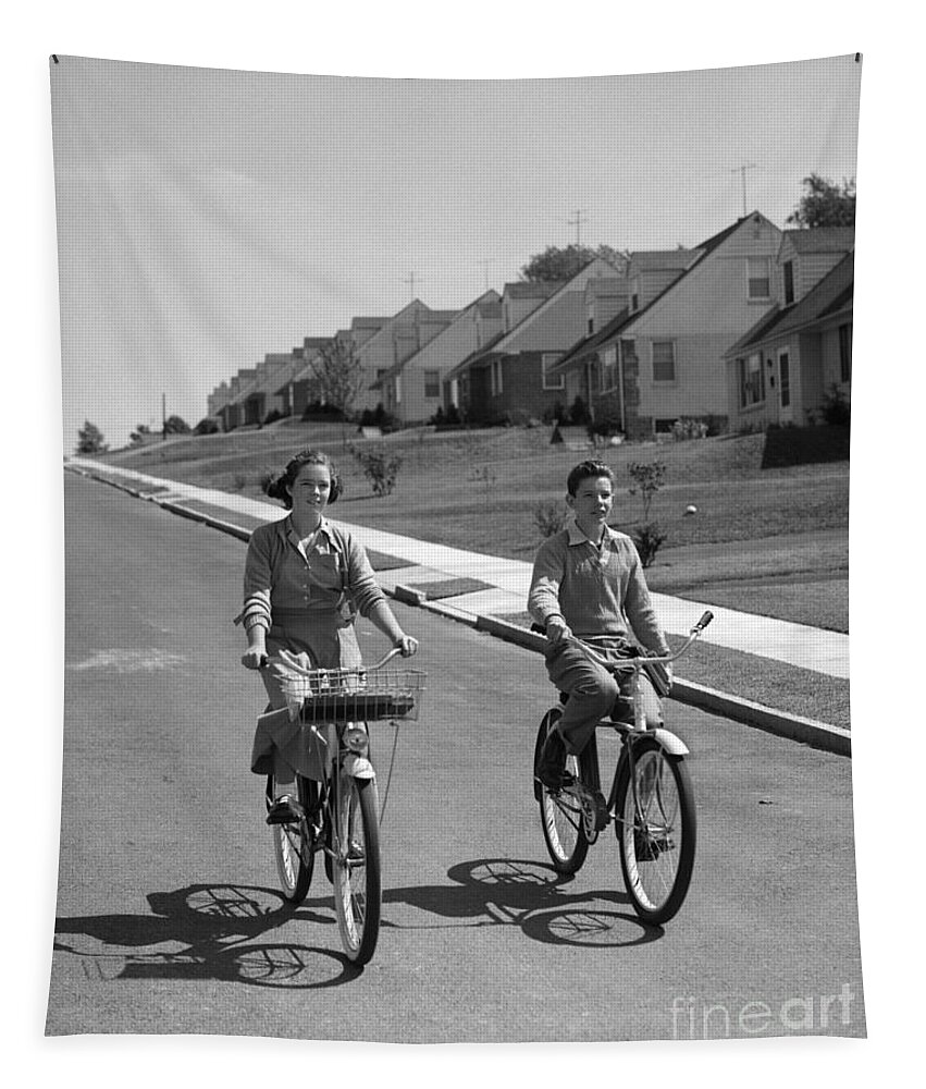 1950s Tapestry featuring the photograph Teen Boy And Girl On Bikes, C.1950s by H. Armstrong Roberts/ClassicStock