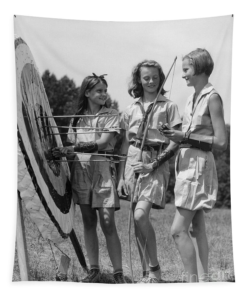 1930s Tapestry featuring the photograph Teen Girls By Archery Target by H. Armstrong Roberts/ClassicStock