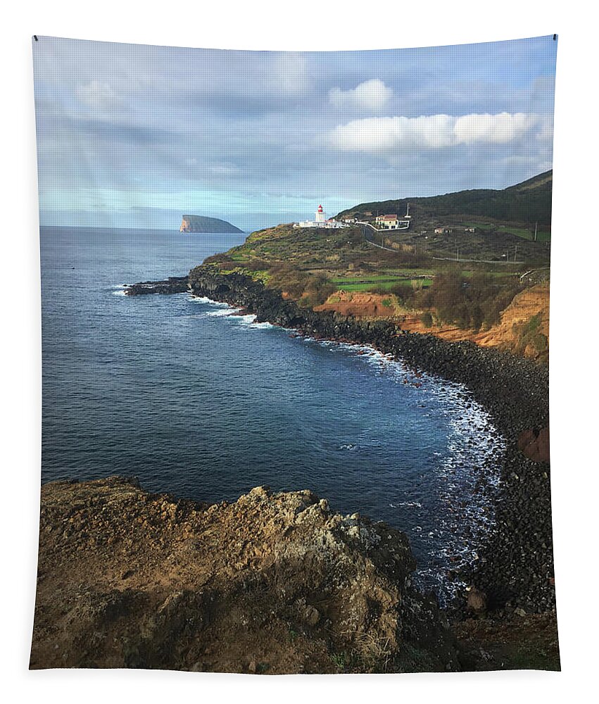 Kelly Hazel Tapestry featuring the photograph Terceira Island Coast with Ilheus de Cabras and Ponta das Contendas Lighthouse by Kelly Hazel