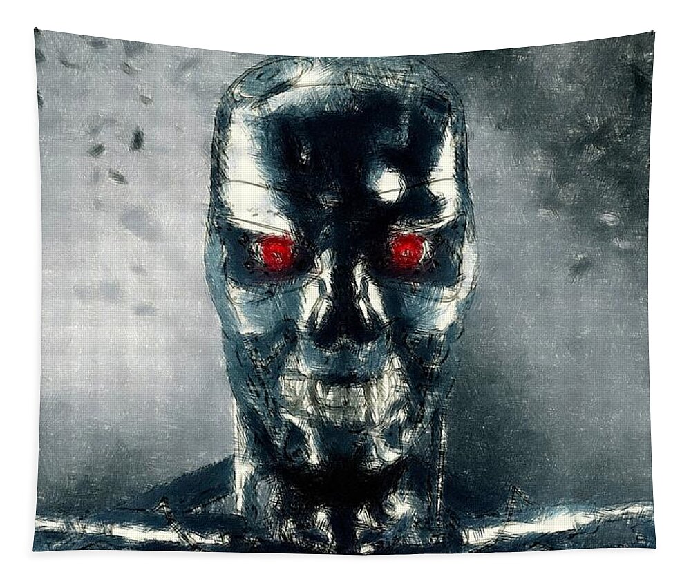 Terminator Tapestry featuring the drawing Terminator Oil Pastel Sketch by Movie Poster Prints