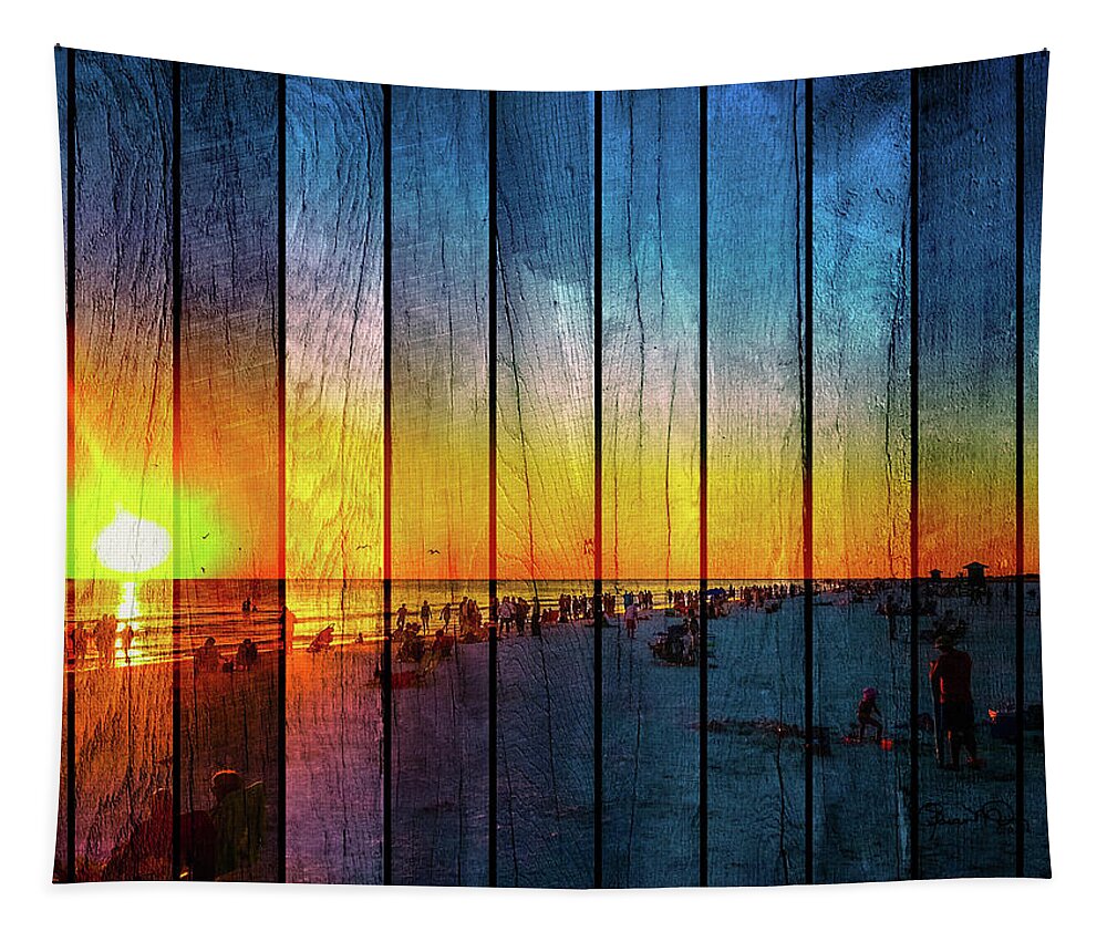 Susan Molnar Tapestry featuring the photograph Siesta Key Drum Circle Sunset - Wood Plank Look by Susan Molnar