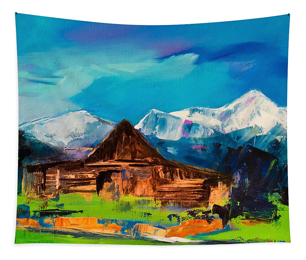 Barn Tapestry featuring the painting Teton Barn by Elise Palmigiani
