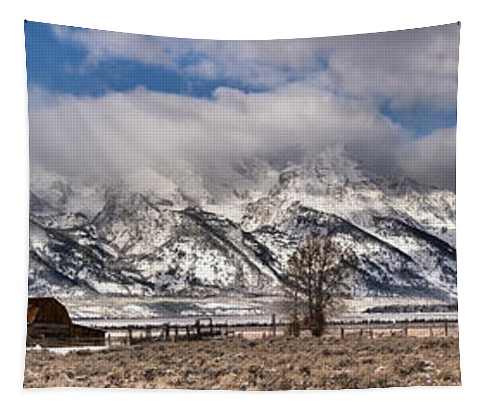 Mormon Row Tapestry featuring the photograph Teton Mormon Homestead Panorama by Adam Jewell
