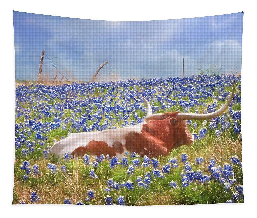 Animals Tapestry featuring the photograph Texas Is Longhorns and Bluebonnets by David and Carol Kelly
