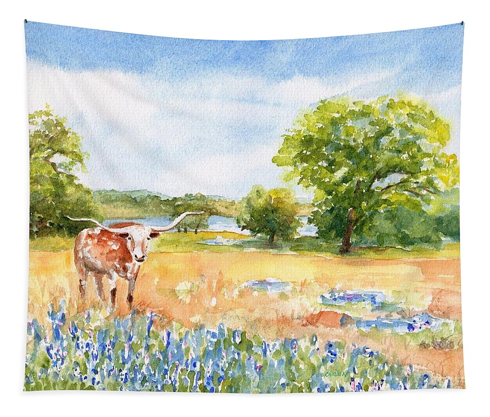 Longhorn Tapestry featuring the painting Texas Longhorn and Bluebonnets by Carlin Blahnik CarlinArtWatercolor