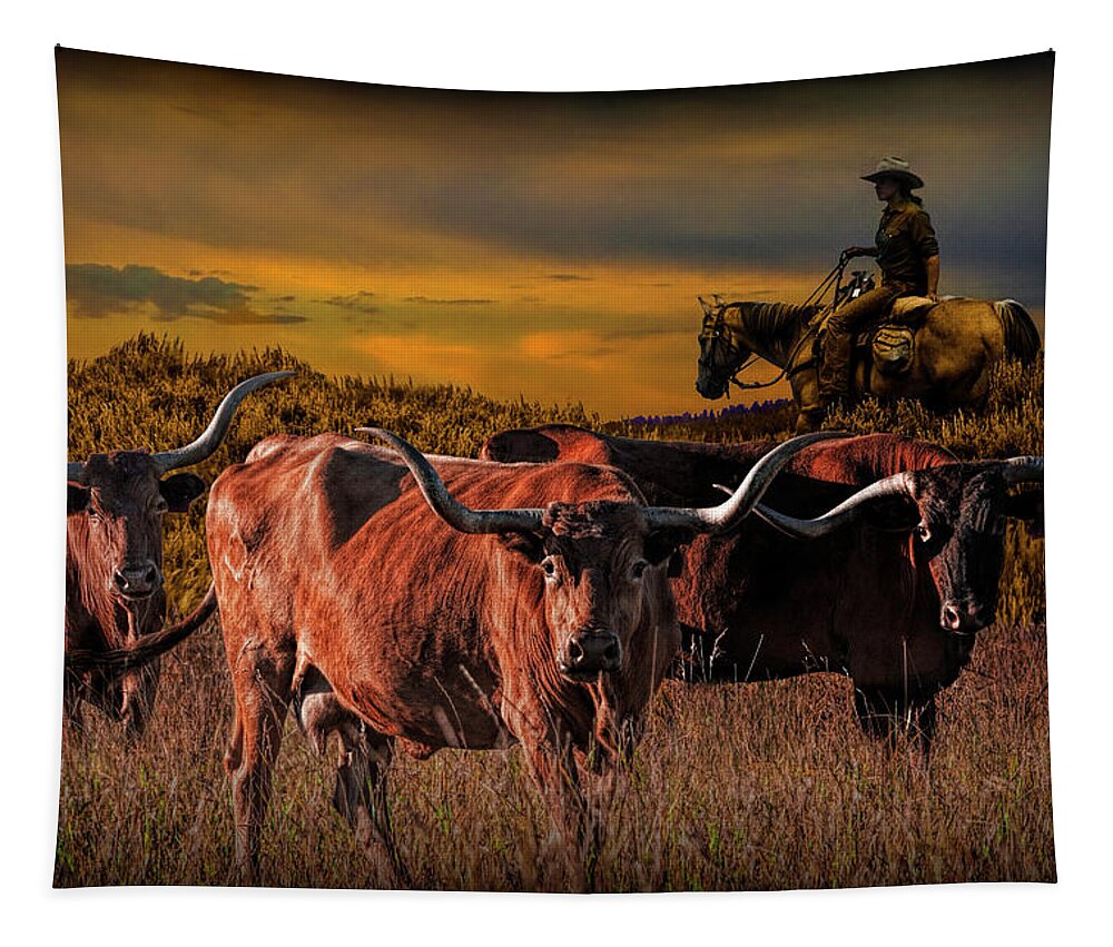 Longhorn Tapestry featuring the photograph Texas Longhorn Steers and Cowboy at Sunset by Randall Nyhof