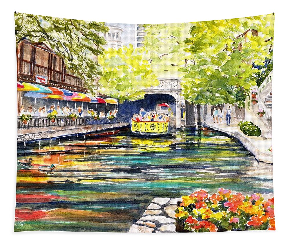 Texas Tapestry featuring the painting Texas San Antonio River Walk by Carlin Blahnik CarlinArtWatercolor