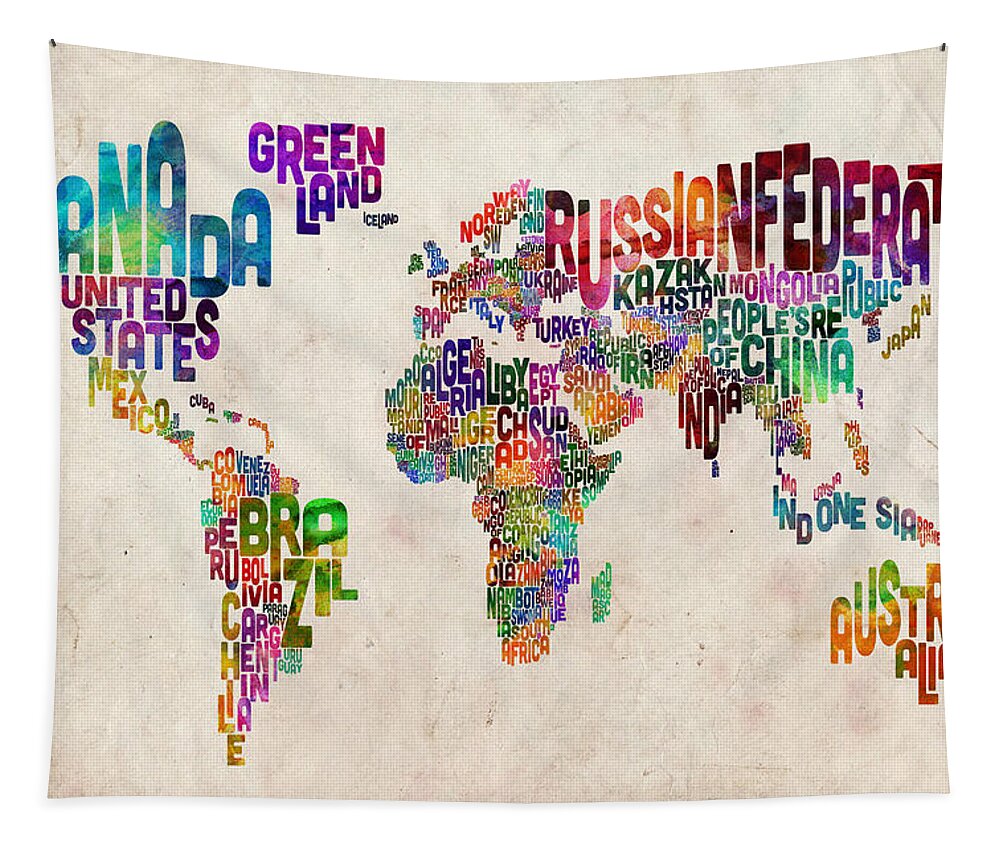 Map Of The World Tapestry featuring the digital art Text Map of the World by Michael Tompsett