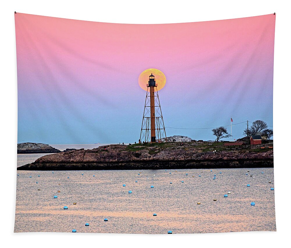 Marblehead Tapestry featuring the photograph The 2016 Supermoon balancing on the Marblehead Light Tower in Marblehead MA Harbor by Toby McGuire