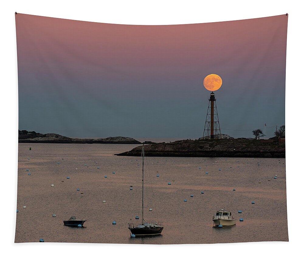 Marblehead Tapestry featuring the photograph The 2016 Supermoon balancing on the Marblehead Light Tower in Marblehead MA by Toby McGuire