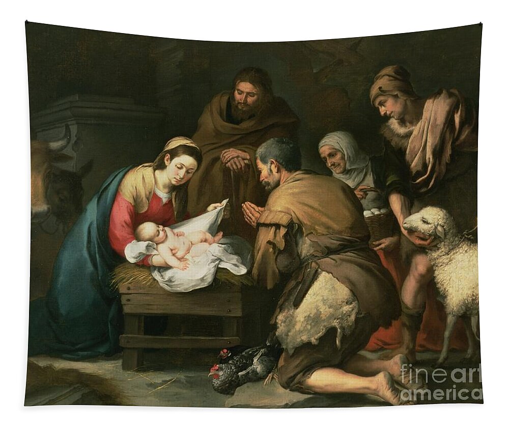 Adoration Tapestry featuring the painting The Adoration of the Shepherds by Bartolome Esteban Murillo