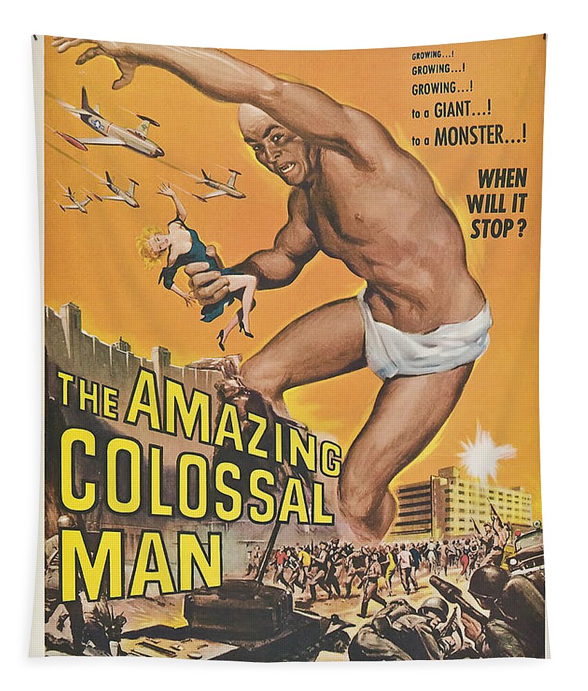 The Amazing Colossal Man Movie Poster Tapestry featuring the painting The Amazing Colossal Man Movie Poster by Vintage Collectables
