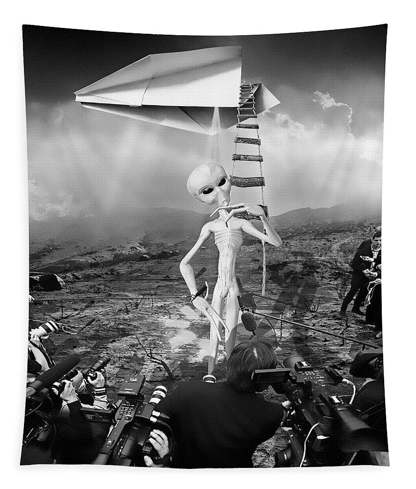 Marian Voicu Tapestry featuring the digital art The Arrival Black and White by Marian Voicu