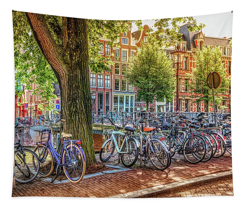 Hdr Tapestry featuring the photograph The Bicycles of Amsterdam in HDR Detail by Debra and Dave Vanderlaan
