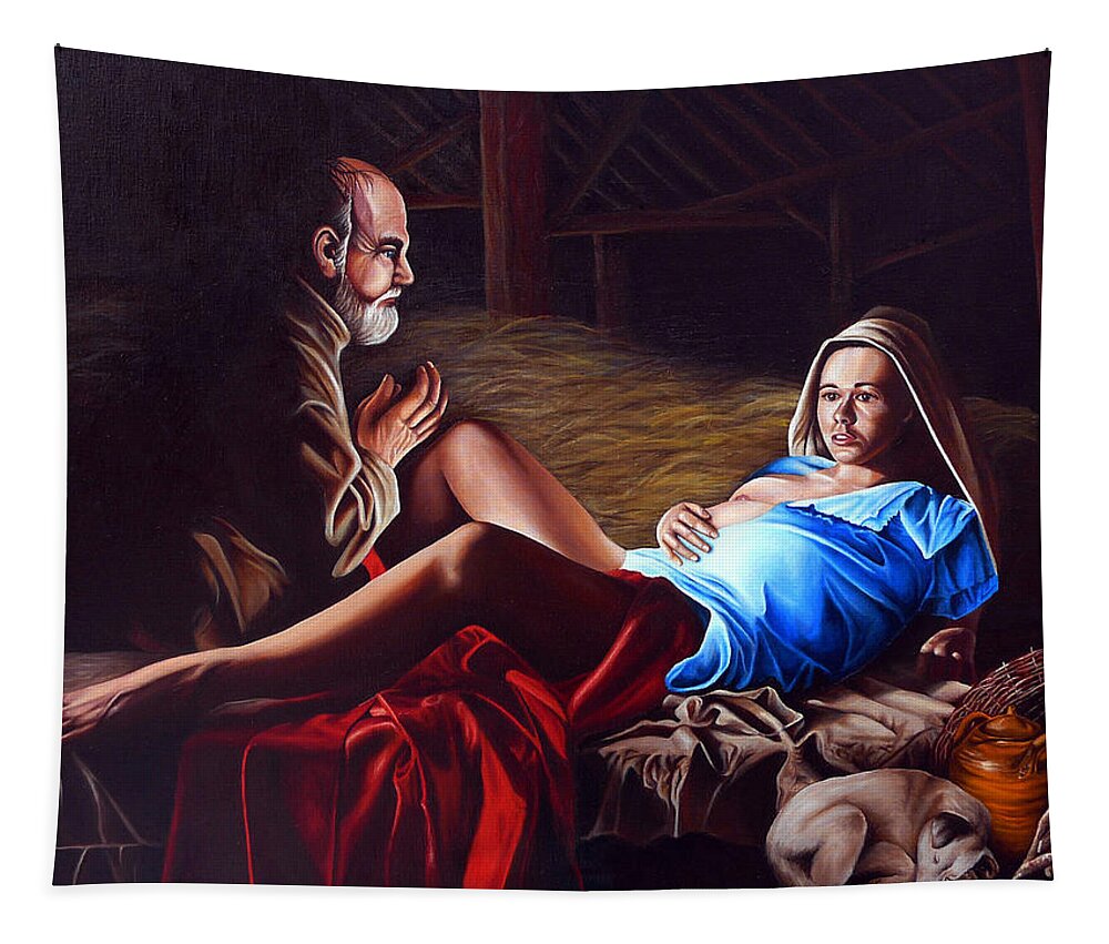 Virgin Mary Tapestry featuring the painting The Birth by Vic Ritchey