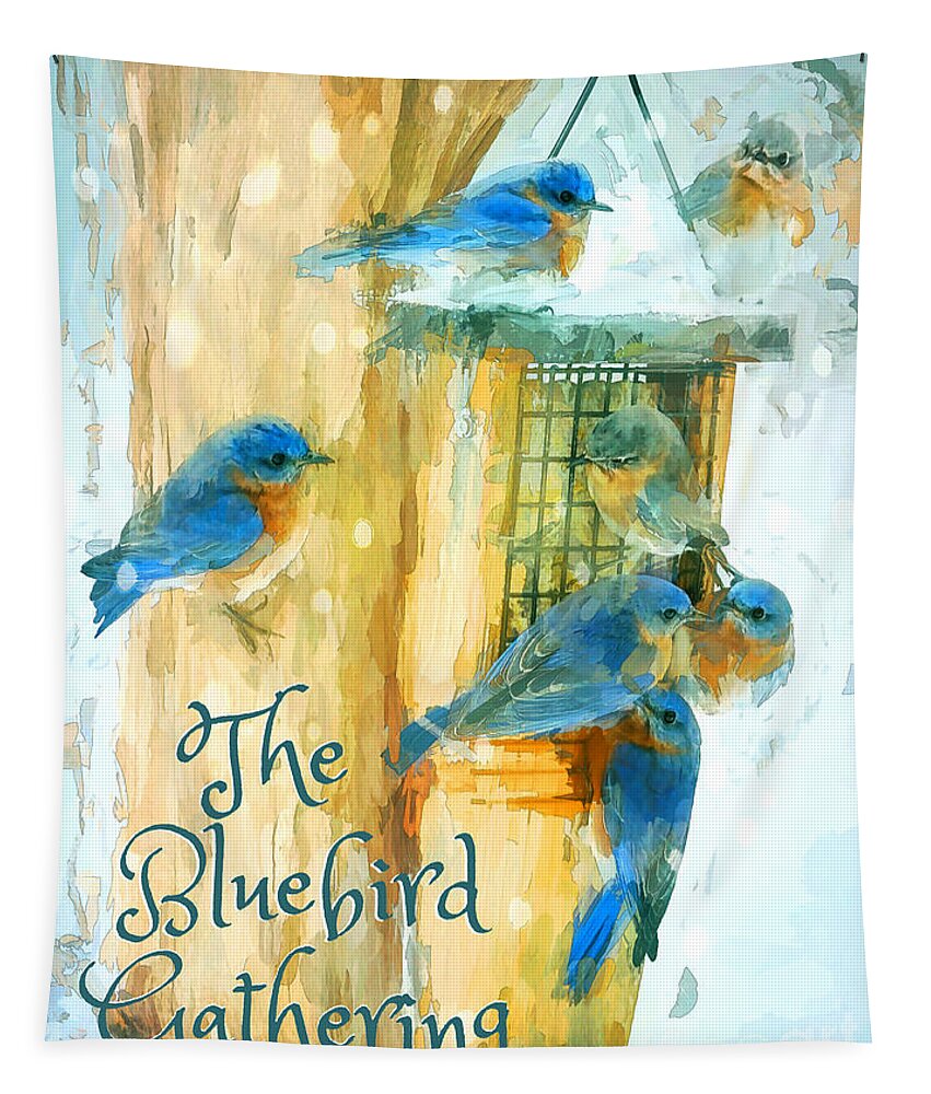Bluebird Tapestry featuring the mixed media The Bluebird Gathering by Tina LeCour