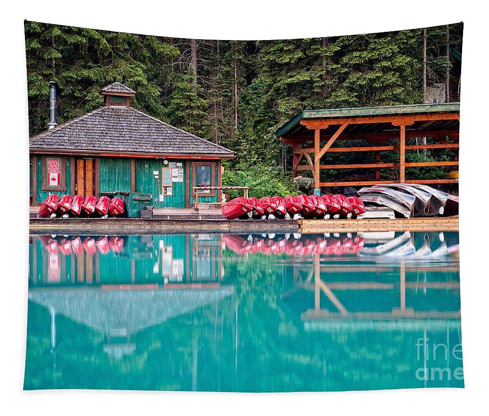 British Columbia Tapestry featuring the photograph The Boat House at Emerald Lake in Yoho National Park by Bryan Mullennix