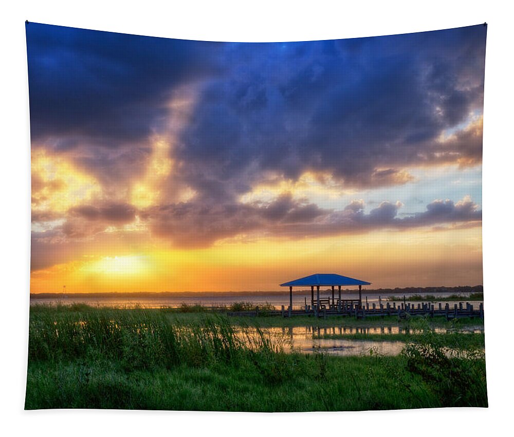 Boats Tapestry featuring the photograph The Boathouse at Sunset by Debra and Dave Vanderlaan