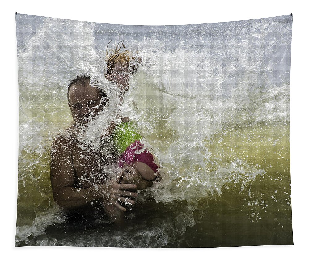 Ocean Beach Wave Surf Family Father Daughter Tapestry featuring the photograph The Boom by WAZgriffin Digital