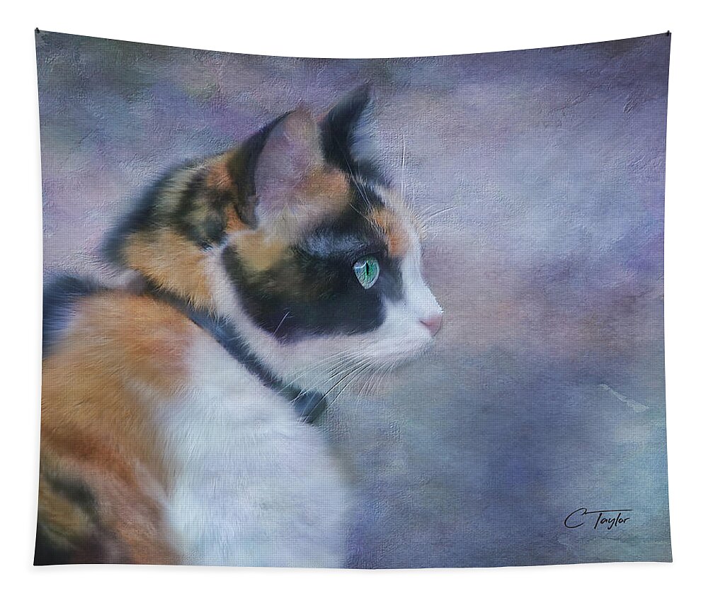 Cat Tapestry featuring the digital art The Calico Staredown by Colleen Taylor