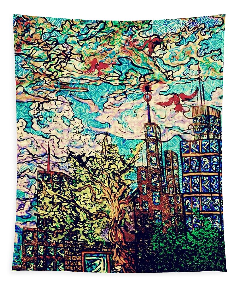 Cityscape Tapestry featuring the drawing The City by Angela Weddle