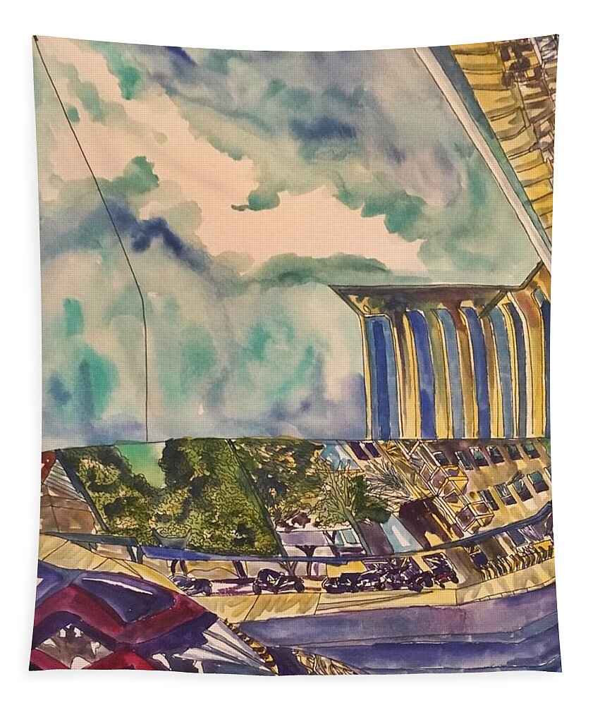 Cityscape Tapestry featuring the painting The City-Three Views by Angela Weddle