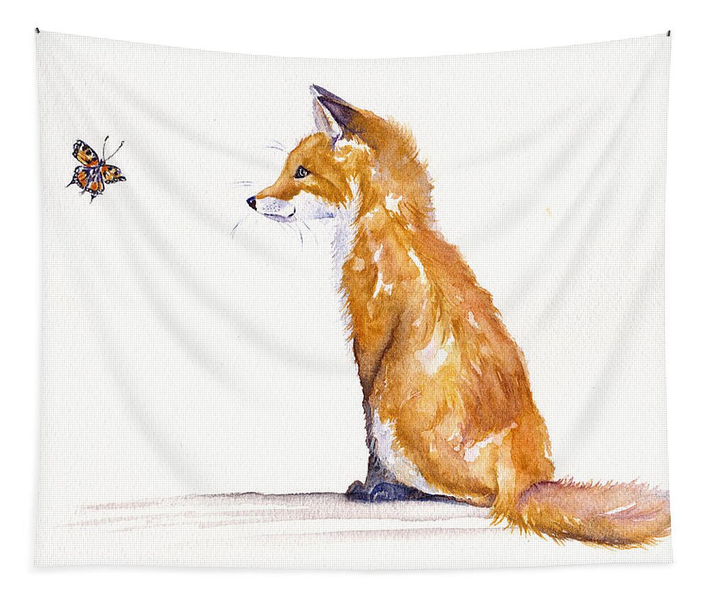 Fox Cub Tapestry featuring the painting The Curious Fox Cub by Debra Hall