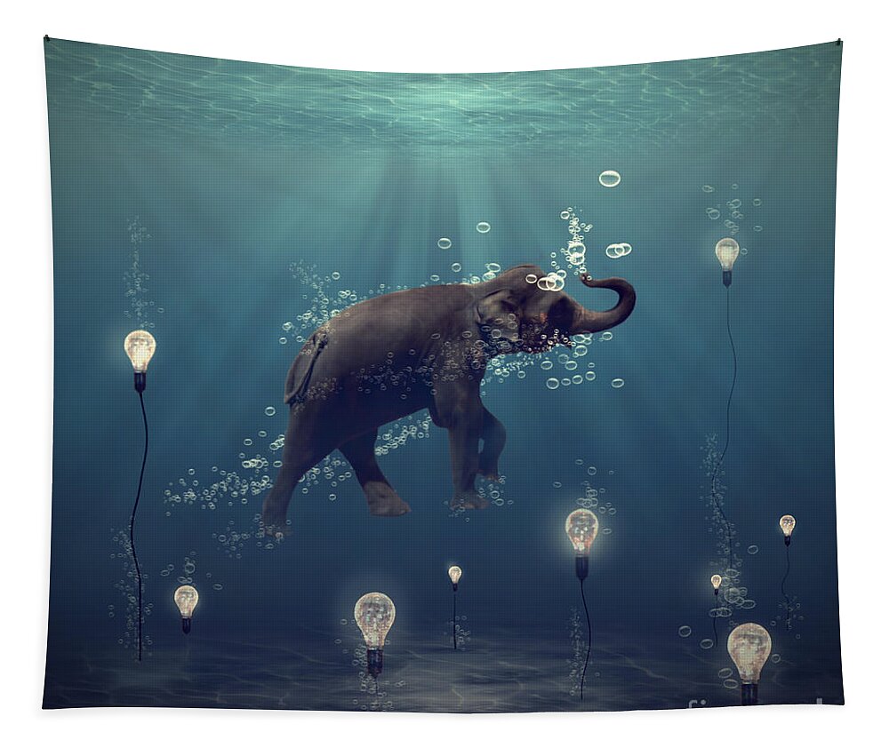 Elephantsea Ocean Blue Square Animal Happy Bubble Digital Surreal Imagination Dreamlike Light Underwater Tapestry featuring the photograph The dreamer by Martine Roch