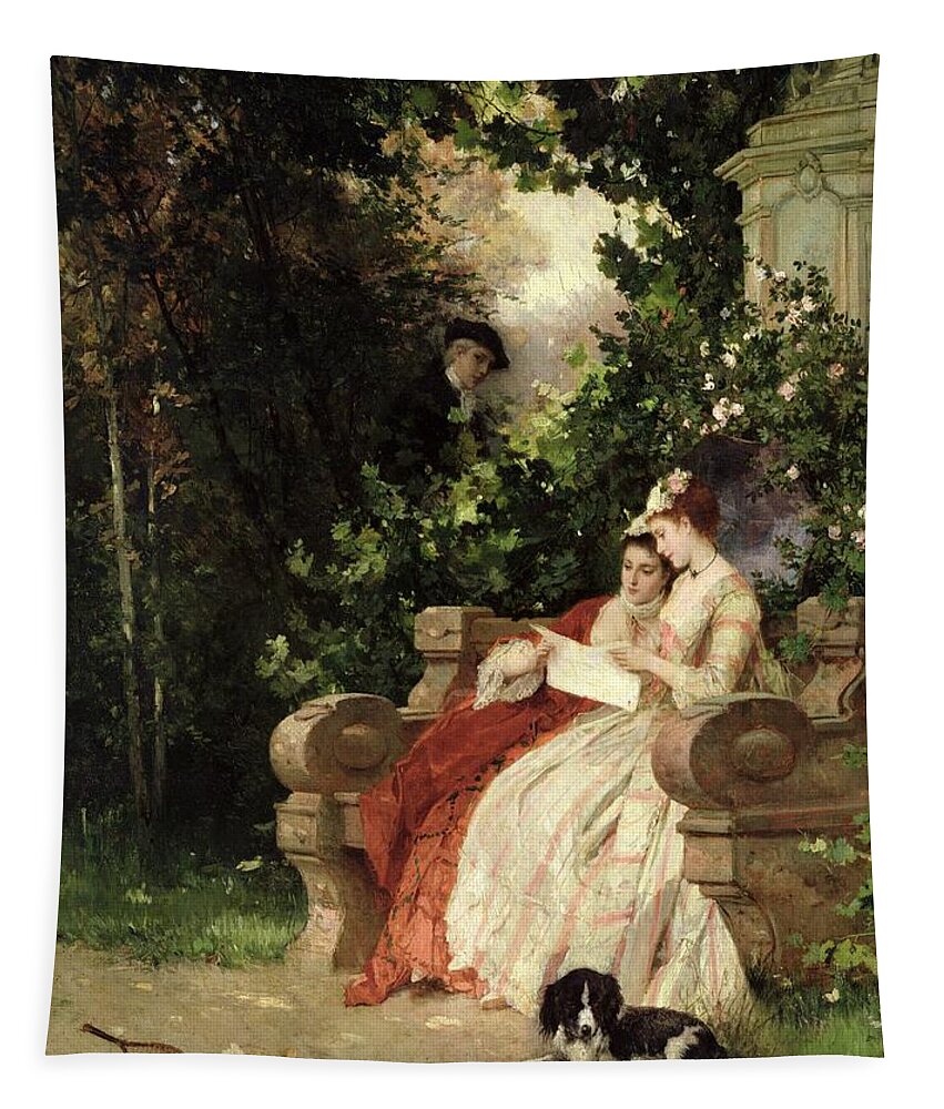 Garden; Overhearing; Eavesdropping; Peeping Tom; Hiding; Voyeur; Dangerous Liaisons; Spy Tapestry featuring the painting The Eavesdropper by Carl Heinrich Hoff