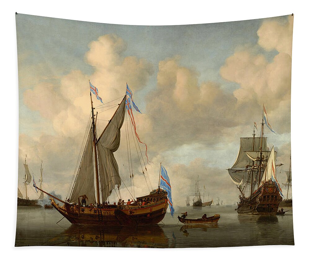 Willem Van De Velde The Younger Tapestry featuring the painting The English royal yacht Mary about to fire a salute by Willem van de Velde the Younger