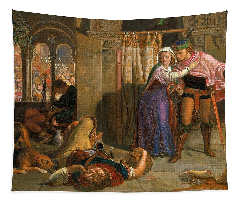 William Holman Hunt Tapestry featuring the painting The flight of Madeline and Porphyro during the drunkenness attending the revelry by William Holman Hunt