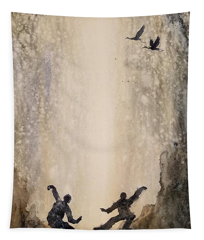 The Flying Cranes Tapestry featuring the painting The flying cranes, waterfall and Tai chi by Han in Huang wong