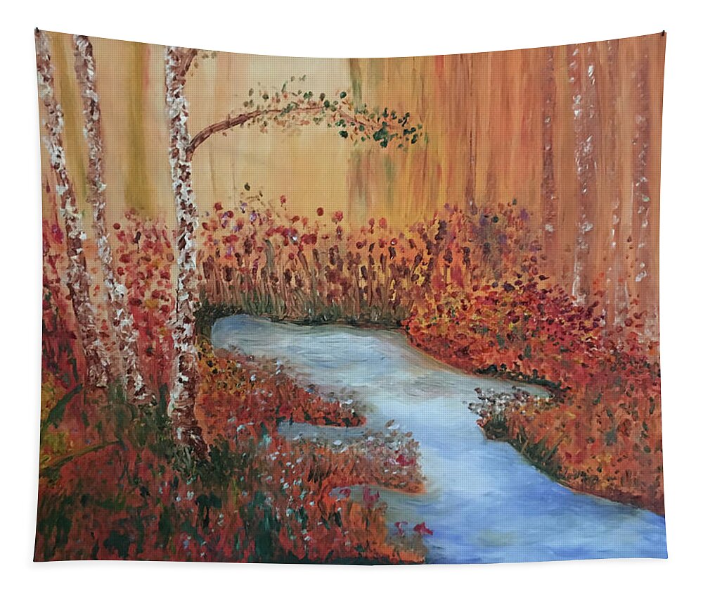 Water Tapestry featuring the painting The Four Seasons of the 3 Birch Trees - Fall by Susan Grunin