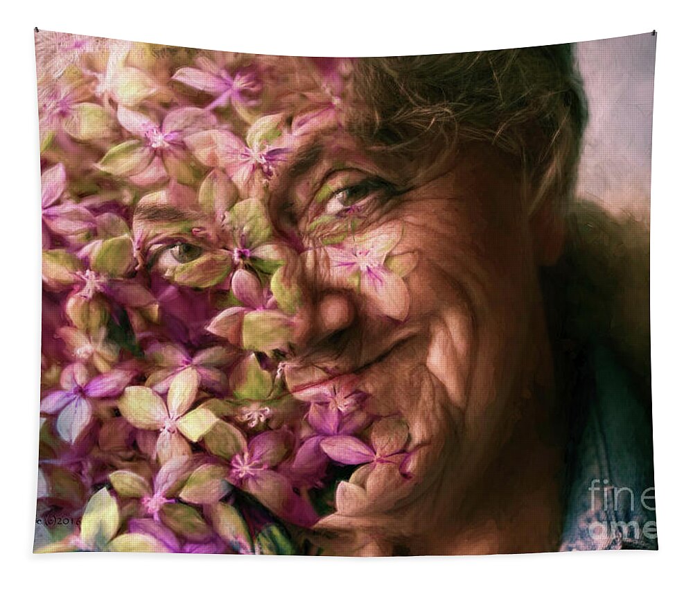 Woman Tapestry featuring the digital art The Gardener by Jean OKeeffe Macro Abundance Art