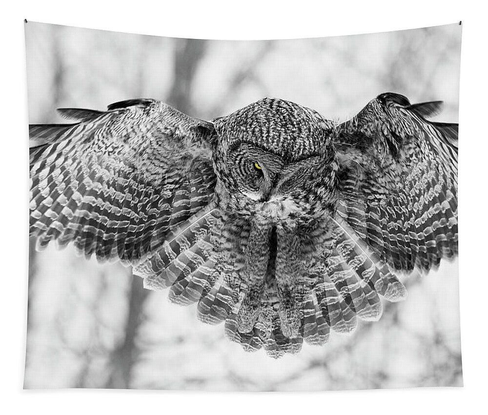 Black And White Tapestry featuring the photograph The Great Grey Owl in Black and White by Mircea Costina Photography