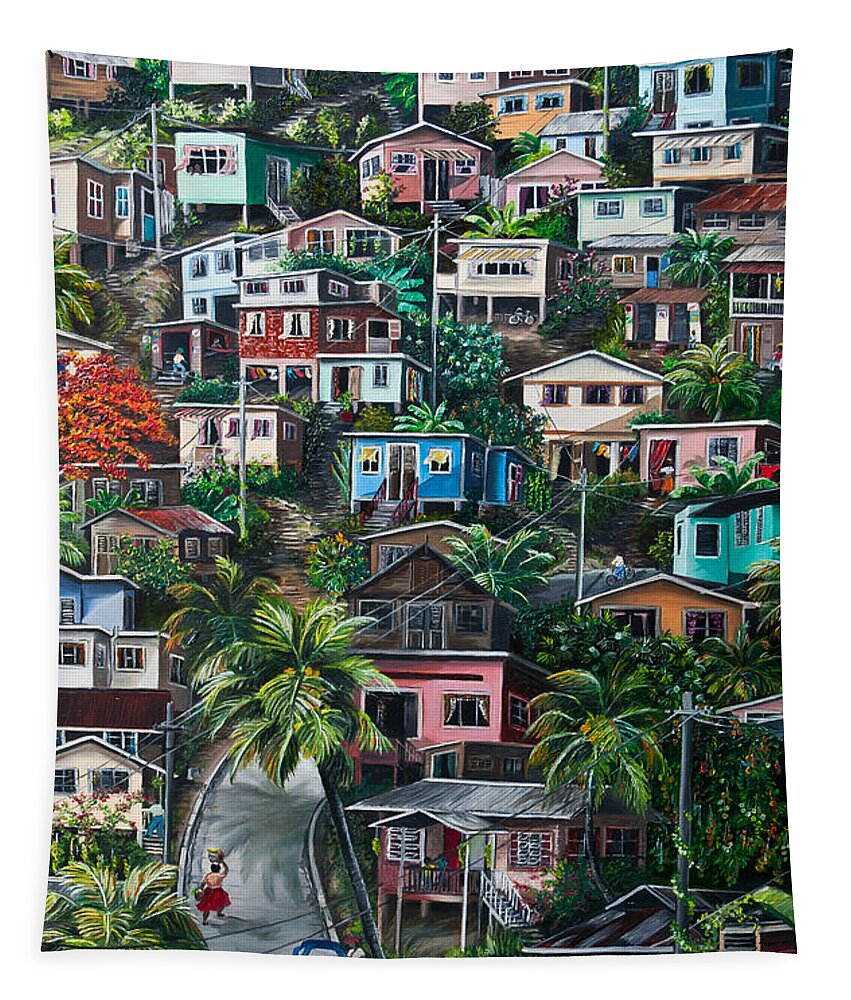  Landscape Painting Cityscape Painting Houses Painting Hill Painting Lavantille Port Of Spain Painting Trinidad And Tobago Painting Caribbean Painting Tropical Painting Caribbean Painting Original Painting Greeting Card Painting Tapestry featuring the painting THE HILL   Trinidad by Karin Dawn Kelshall- Best