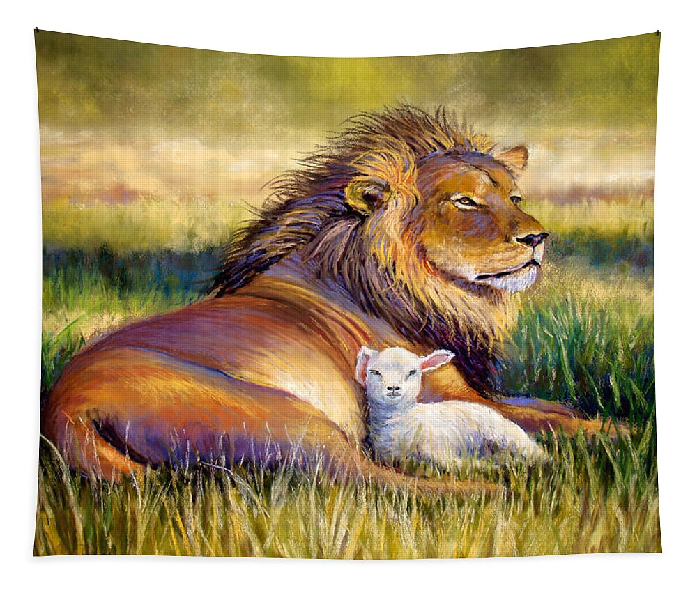 Lion And The Lamb Tapestry featuring the pastel The Kingdom of Heaven by Susan Jenkins