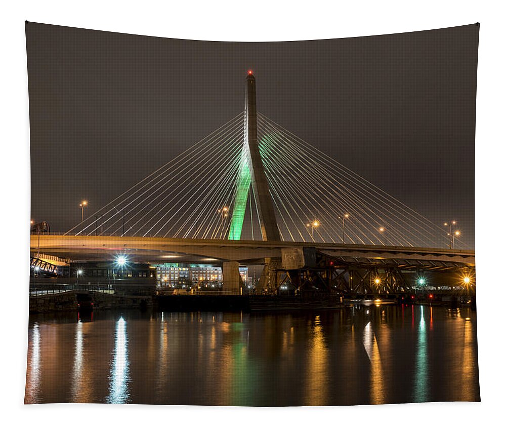 Boston Tapestry featuring the photograph The Leonard P Zakim bridge lit up in green for St Patrick's Day Reflection by Toby McGuire