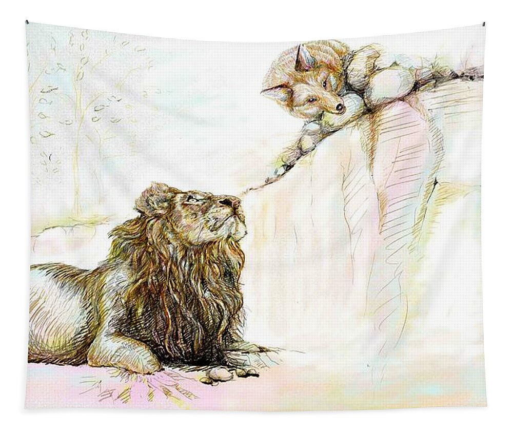 Lion Tapestry featuring the painting The Lion and The Fox 1 - The First Meeting by Sukalya Chearanantana