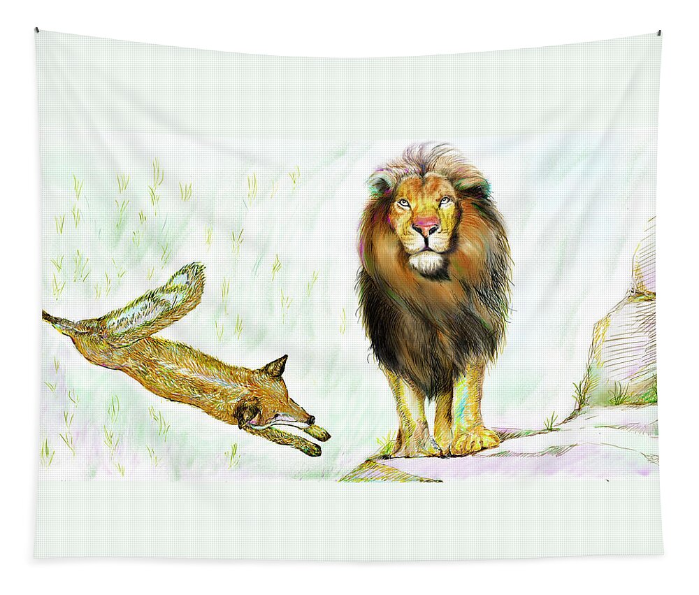 Lion Tapestry featuring the painting The Lion and The Fox 2 - The True FriendShip by Sukalya Chearanantana