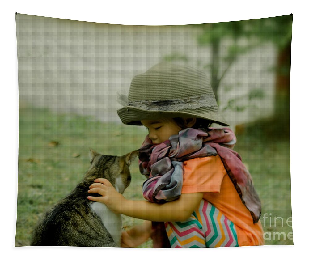 Michelle Meenawong Tapestry featuring the photograph The Little Girl And Her Cat by Michelle Meenawong
