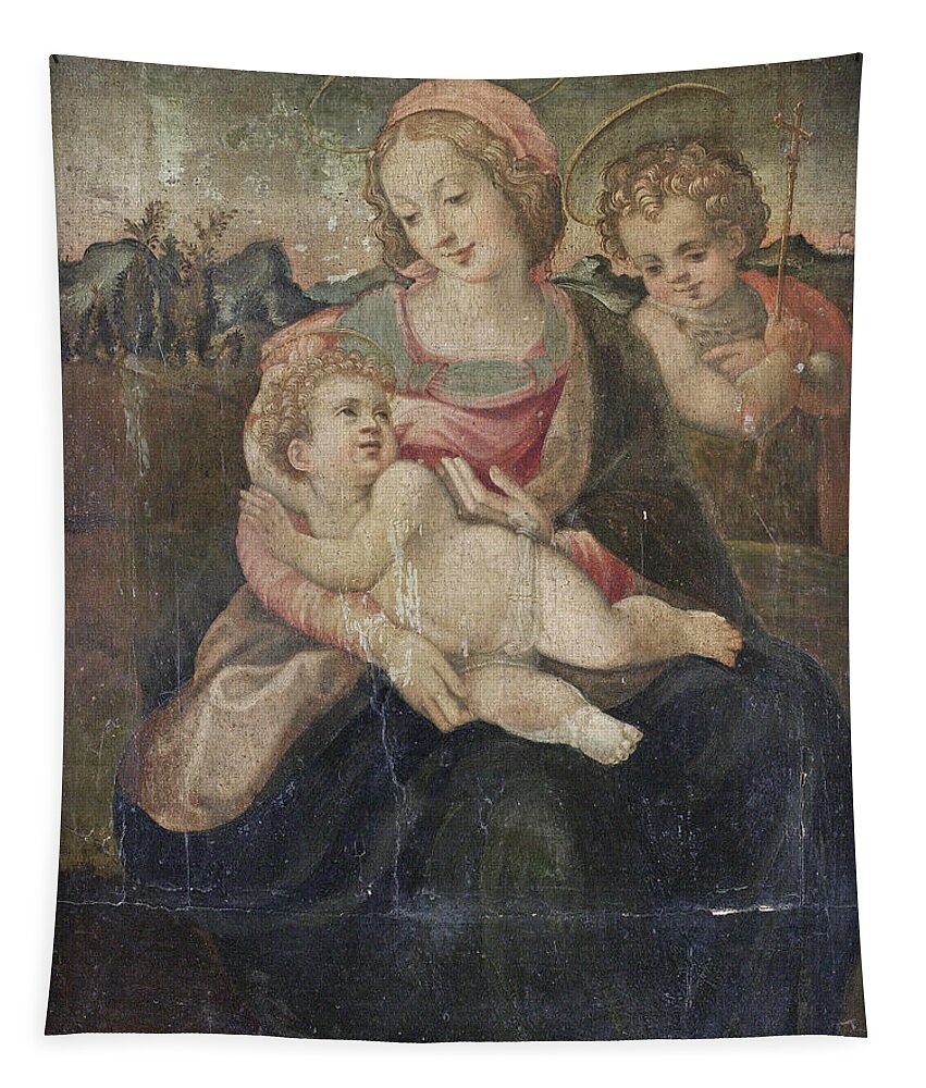 Circle Of Francesco Del Brina Tapestry featuring the painting The Madonna and Child with the Infant Saint John the Baptist before an open landscape by Circle of Francesco del Brina