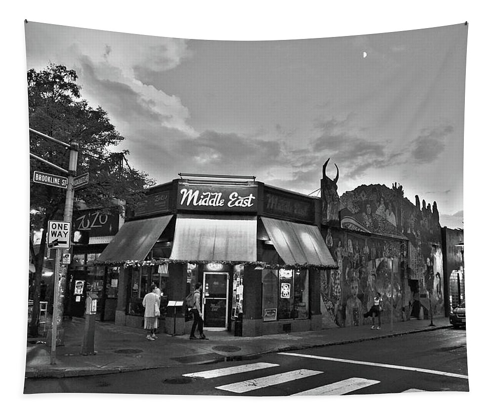 Middle East Tapestry featuring the photograph The MIddle East in Central Square Cambridge MA Black and White by Toby McGuire