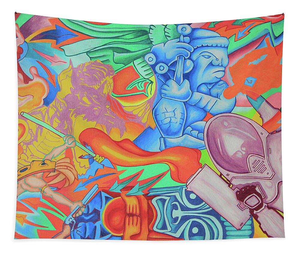 Spiritual Psychedelic Pop Tapestry featuring the drawing The Miracle of St. George the Dragon Slayer -Top Panel by Andrew Chambers