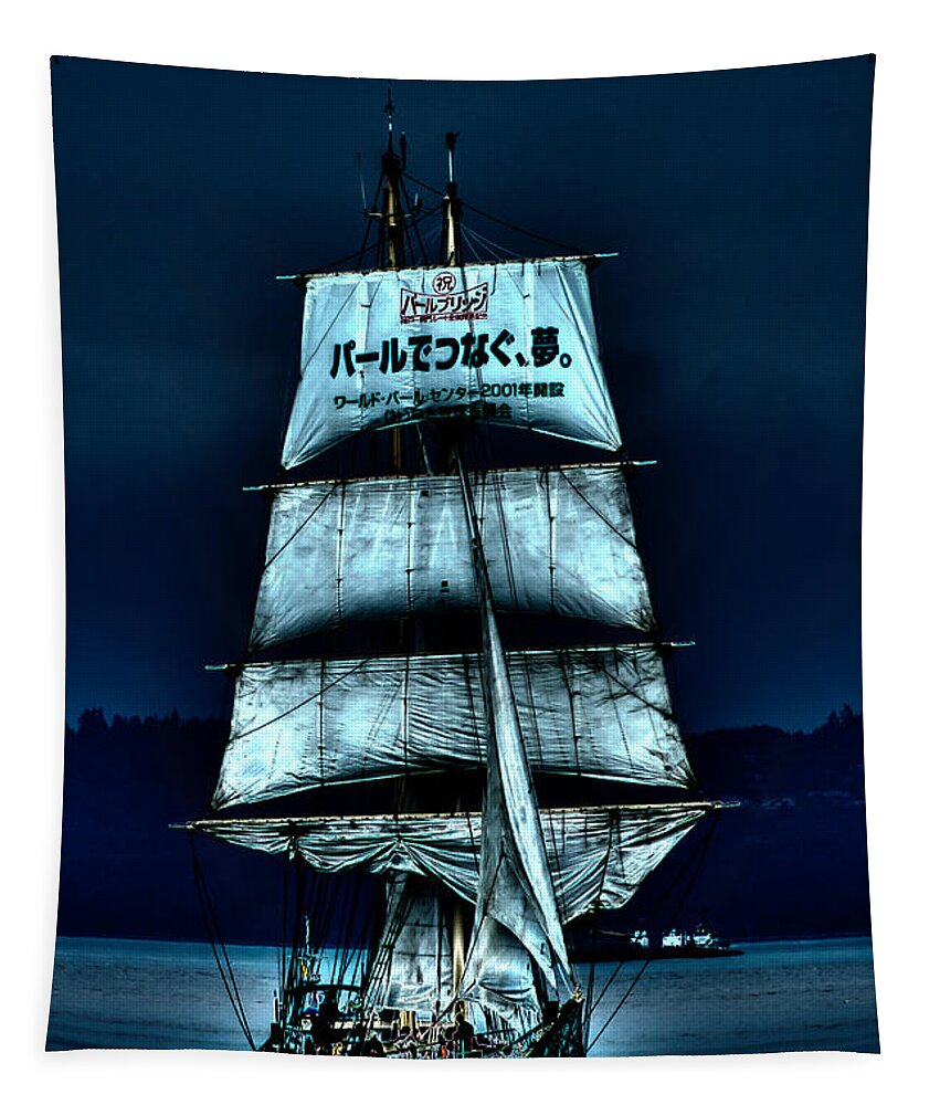 The Moonlit Kaisei Brigantine Tall Ship Tapestry featuring the photograph The Moonlit Kaisei Brigantine Tall Ship by David Patterson