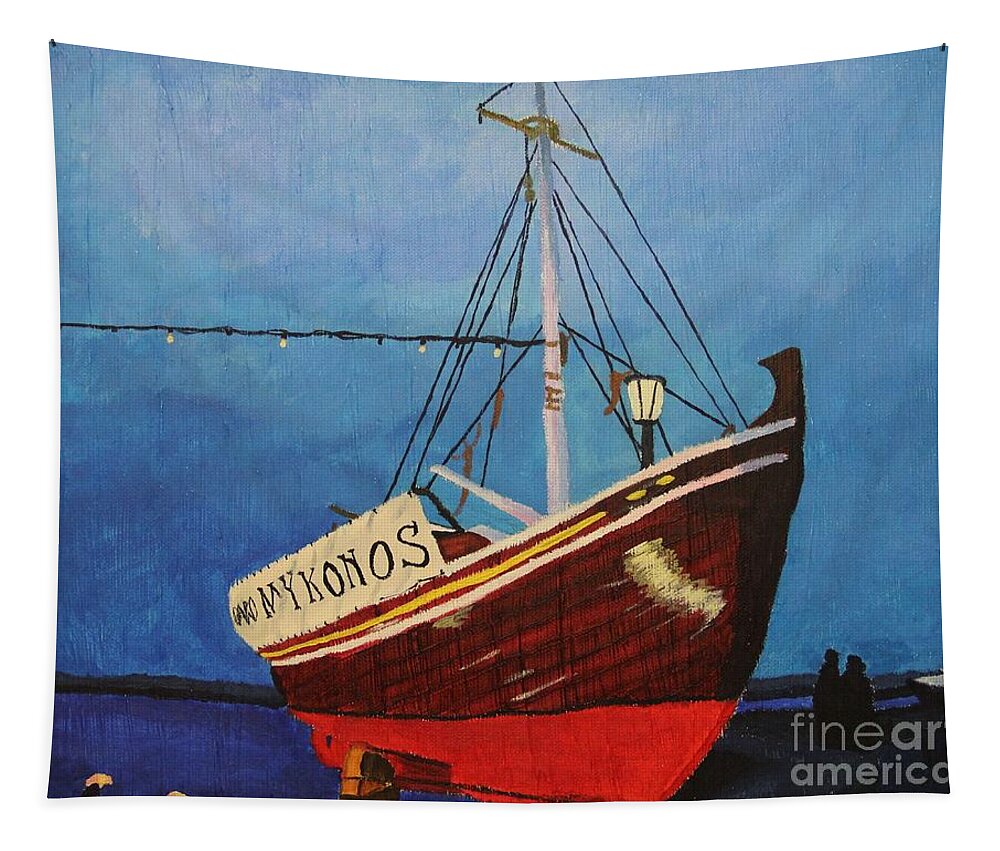 Mykonos Tapestry featuring the painting The Mykonos Boat by Marina McLain