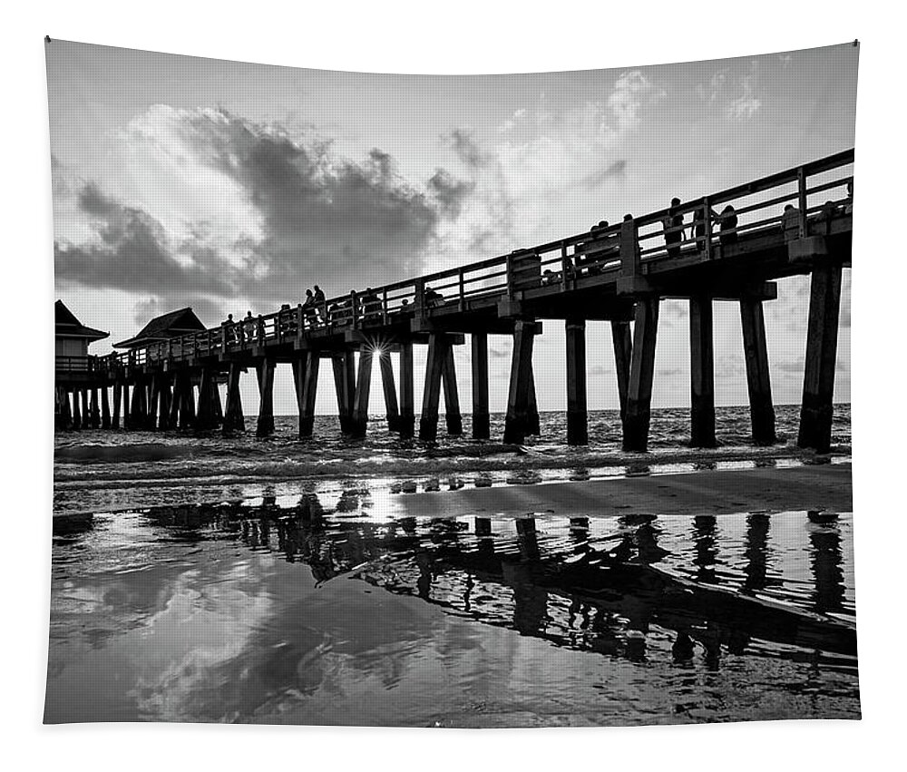 Naples Tapestry featuring the photograph Naples pier at sunset Naples Florida Ripples Black and White by Toby McGuire