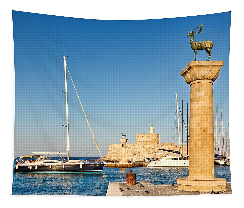 Aegean Tapestry featuring the photograph The old port of Rhodes - Greece by Constantinos Iliopoulos