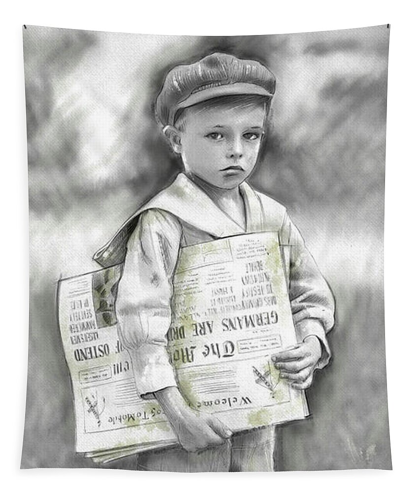 World War 2 Tapestry featuring the mixed media World War 2 Paperboy by Mark Tonelli