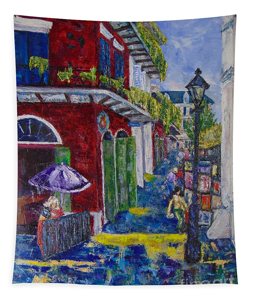 Cityscape Tapestry featuring the painting The Purple Umbrella    Pirates Alley by Beverly Boulet